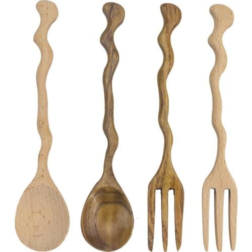 50set/lot New design wooden fork spoon creative bending long handle wooden fork wooden spoon household Hotel Japanese tableware