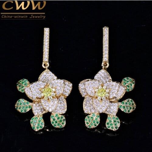 CWWZircons Gold Color Green Cubic Zirconia Stones Luxury Micro Pave Flower Dangle Drop Earrings Fashion Brand Prom Jewelry CZ278