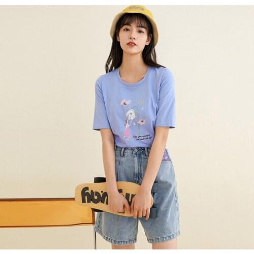 INMAN Cotton T-Shirt Sweet Cute Kawaii Style Oil Painting Flower Patern English Embroidery Summer Girl Short Sleeve Tee Shirt