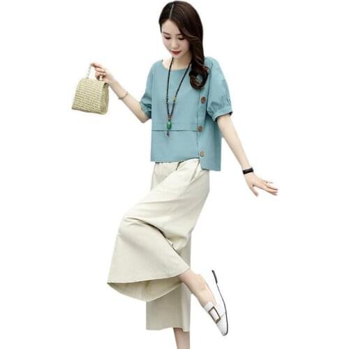 Summer 2 Piece Set Women Suit Short Sleeve Cotton and linen Tops+Wide Leg Pants Two piece Set Suits Clothes Women Plus Size