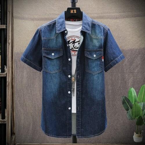 Men Spring Summer Denim Thin Shirt Short Sleeve Soft Cotton Two Pockets Slim Slight Elastic Jeans Cowboy Shirt Clothing