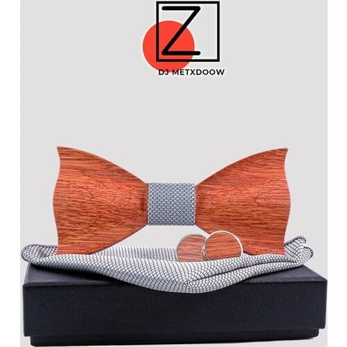 3D Wooden Bow Tie Cufflinks Set for Mens Wood Bowtie Brand Business Neckties for Wedding Groom Handmade Shirt Solid Plaid Tie