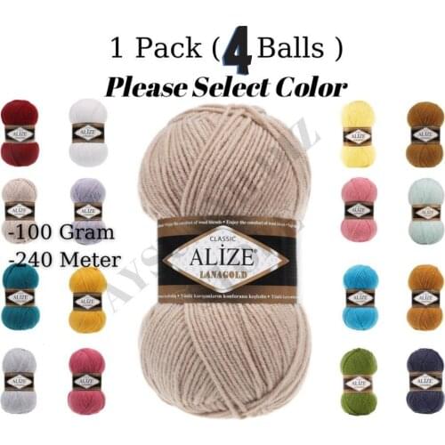 Thread 1 Pack ( 4 Balls ) Alize LANAGOLD Hand Knitting Yarn ( %49 Wool %51 Acrylic ) Crochet Tool Kit
