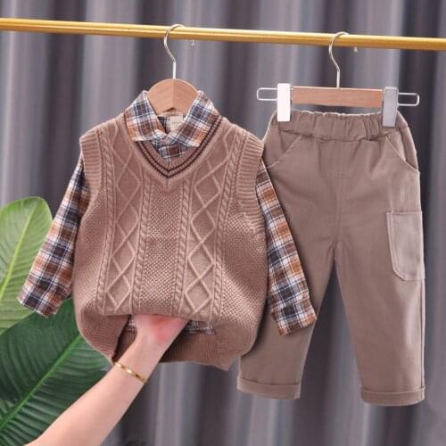 New Autumn Fashion Kids Cotton Clothes Baby Boys Gentleman Sweater Vest Plaid Shirts Pants 3Pcs/sets Children Toddler Tracksuits