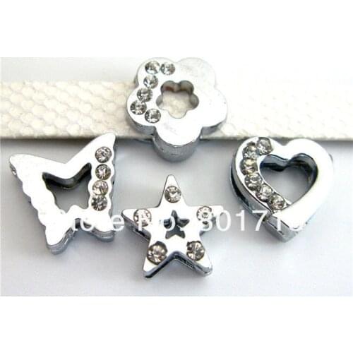 Wholesale 50pcs Full Rhinestone Internai Dia:8mm Slide Charms can through 8mm Belt Pet Collar As gift
