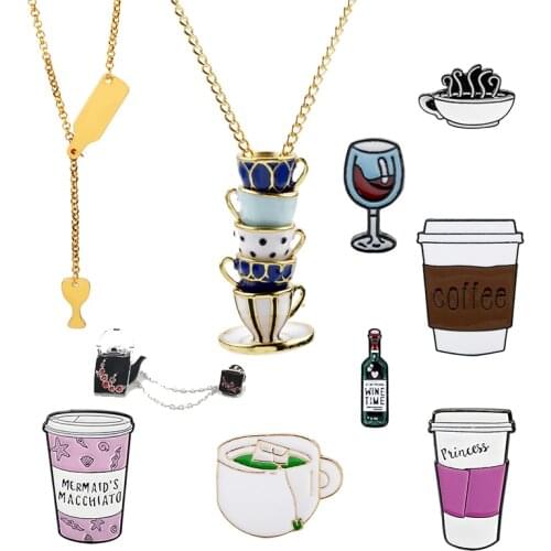 Hand Painted Teapot Tea Cup Pendant Necklaces Long Sweater Chain Jewelry For Women Men Enamel Colar