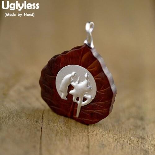 Uglyless Real Sandalwood Heart Leaf Pendants Buddhistic Bow Down Praying Buddha Necklaces NO Chain 925 Silver Lotus Jewelry P861