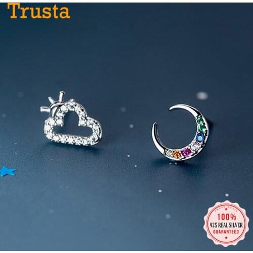 TrustDavis Real 925 Sterling Silver Fashion Cute Asymmetric Clouds Moon CZ Stud Earrings For Women Valentines Day Jewelry DB516