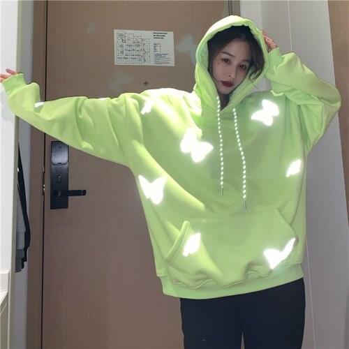 Reflective Butterfly Hooded Sweatshirts Women Thick Fleece Loose Casual Pullovers Autumn Winter Big Pocket Leisure Warm Hoodies