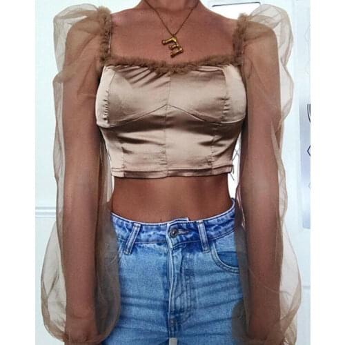 Summer NEW Sexy Women Cropped Tops Mesh Sheer Puff Sleeve Blouses Fashion Ladies Square Neck Shirts Vinage Blouse Slim Crop Top