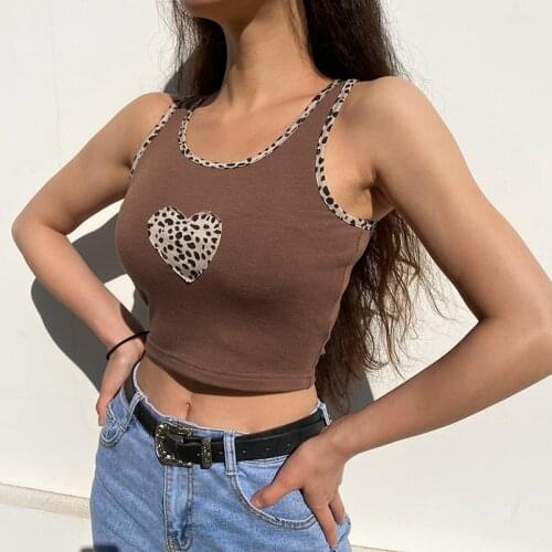 Vintage Leopard Print Knitted Brown Top Women Heart Embroidery Sweet Tank Top Slim Vest Summer Crop Tops Bodycon Tank Slim Vest