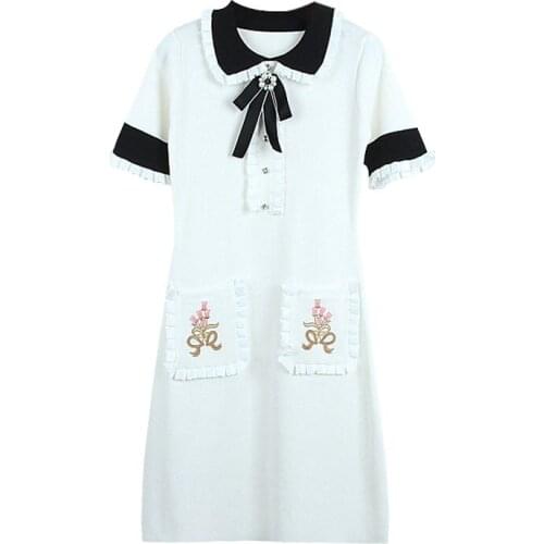 PERHAPS U Black White Peter Pan Collar Bow Embroidery Vintage Elegant Fit And Flare D1134