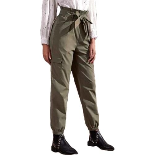 Women’s Korean Casual Trousers Fashion Solid Color High Waist Bandage Beam Feet Pants with Pocket