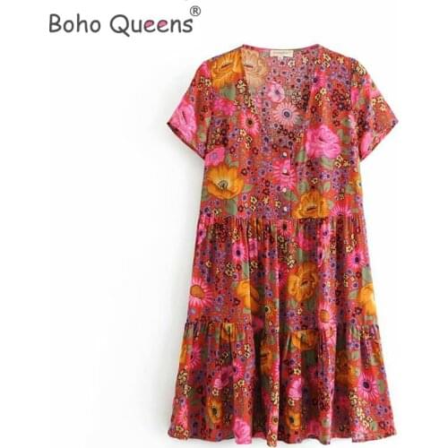 Boho Queens Women short sleeve Floral print beach Bohemian v-neck mini dress Ladies Summer happie dress vestidos