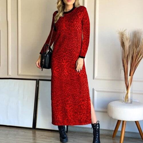 Autumn Women Leopard Maxi Dresses O Neck Split Loose Fall Dress Long Sleeve Party Long Dresses 2021 Vestido Ocasional
