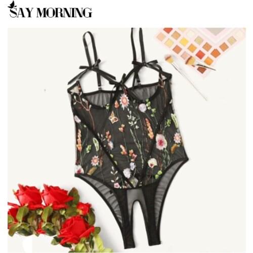 SAY MORNING New Women Underwear Embroidery Lace Hollow Out Open Crotch Bow Lingerie Jumpsuit