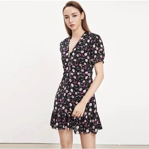 Women Dresses Summer Short Sleeve V-Neck Mini Floral Print Zipper A-Line Elegant High Street Prairie Chic Bohemian