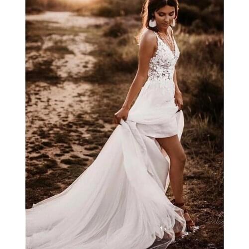 Fanweimei Boho Wedding Gowns 2020 V-Neck Appliques Lace Tulle A-Line Backless 3D Flowers Wedding Dresses Elegant Bride Dress