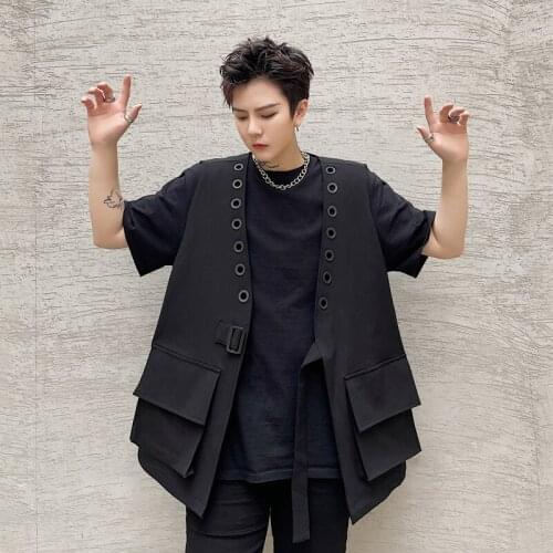 Men Eyelet Button Streetwear Hip Hop Fashion Casual Vest Jacket Japan Korea Fashion Sleeveless Coat Waistcoat Male Women Couple