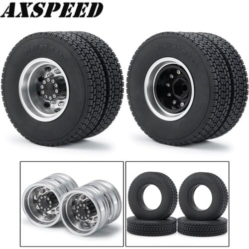 AXSPEED Metal Rear Wheel Rim Hub and Rubber Tires Kit for 1/14 Tamiya Trailer Tractor Truck RC Car Wheels Parts