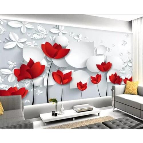 Beibehang3d wallpaper murals Custom wall stickers red floral wallpaper butterfly group dance decorative mural bedside background