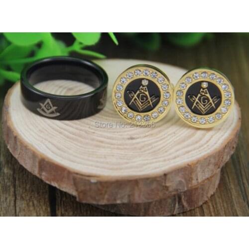 Free Shipping!USA Hot Sales MENS LUXURY JEWELRY SET 8MM BLACK PIPE PAST MASTER TUNGSTEN RING&GOLDEN STEEL MASONIC CUFFLINKS