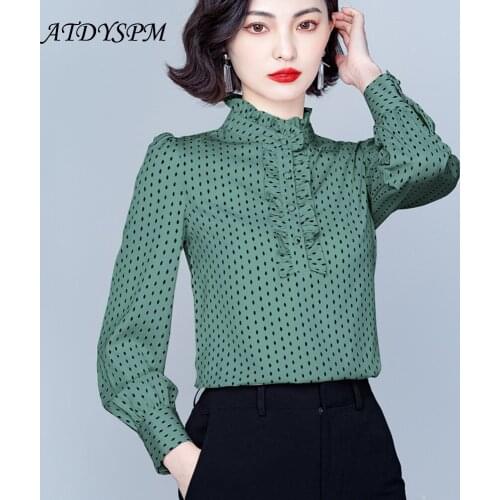 New Fashion Women Chiffon Blouses Elegant Long Sleeve Ruffles Stand Collar Shirt Office Blouse Slim Casual Female Polka Dot Tops