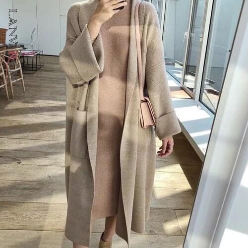 LANMREM Autumn womens 2021 new kintted cardigan sweater coat loose causal medium length fashion clothes famale pocklets YK12204