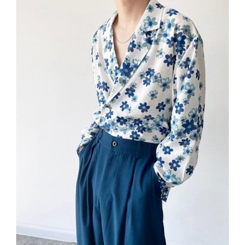 2021 Korean autumn fashion retro streetwear hip-hop print suit collar long sleeve shirt men Blouse Turn-Down Dress Shirts