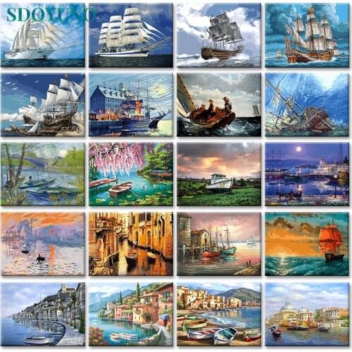 SDOYUNO 40x50cm Painting By Numbers Ship Digital Painting Landscape Boat On Cavans Frameless DIY pictures by numbers