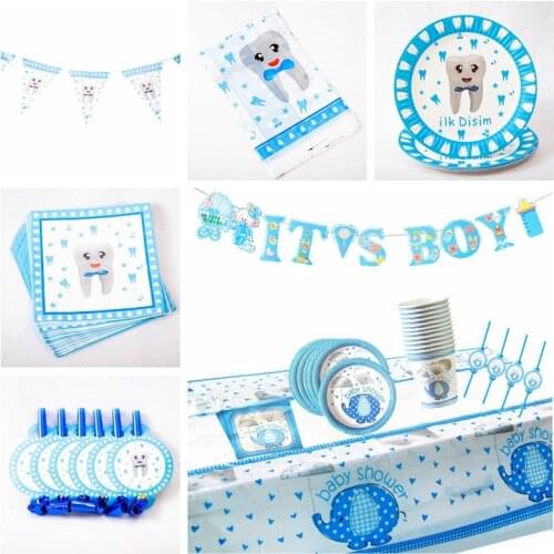 Blue Boy Newborn Tooth Elephant Theme Disposable Tableware Set Cup Plates Baby Shower Gender Reveal Boy Teeth Party Decor