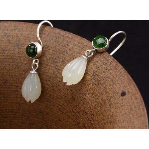 Natural 925 sterling silver retro inlaid white hetian jade flower earrings charm jewelry individuality fashion for women