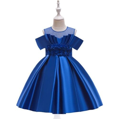 New Spring Royal Blue Satin Short Flower Girls Dresses for Birthday Party Prom Princess Dress with Flowers