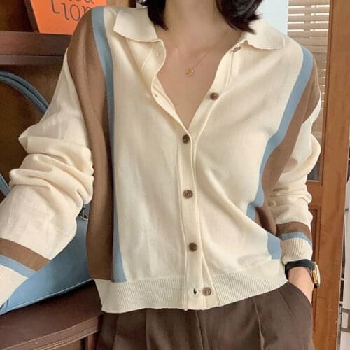 ZCSMLL Single-breasted Long-sleeved Sweater Women Korean Vintage Temperament Turn-down Collar Color Loose Versatile Tops