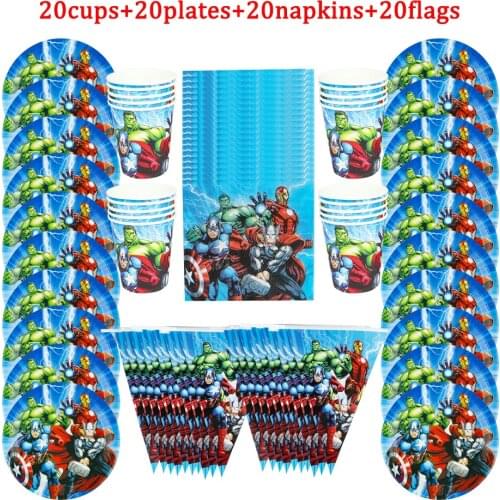 80Pcs Avengers Theme Disposable Tableware Kids Boys Birthday Party Decoration Paper Plate+Cup+Napkin+Flag Supplies for kids