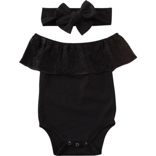 Solid off the shoulder ruffle newborn girl lace romper with headband