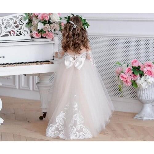 Champagne Tulle Flower Girl Dress For Wedding Lace Appliques Bow Sheer Neck Illusion First Communion Dress