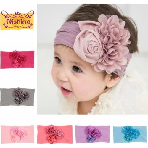 Nishine Soft Stretch Satin Rose Flower Baby Headband Newborn Knot Wide Nylon Headwraps Turban Girls Headwear Kids Photo Props