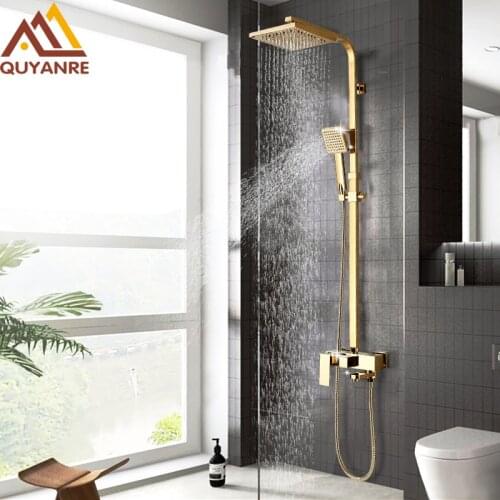 Luxury Gold Shower Faucet Set Brass Rainfall Shower 3-way Mixer Tap Wall Mount Bath Shower System Kit Swivel Tub Shower Faucet