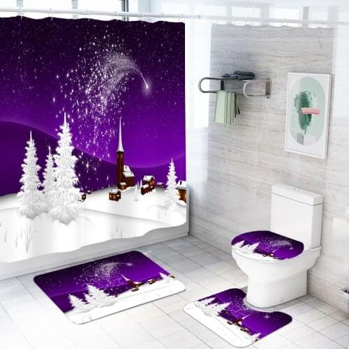 Snow Scene 3D Print Purple Background Bathroom Set Shower Curtain Set Merry Christmas Floor Rugs Cartoon Bath Sets 4Pieces