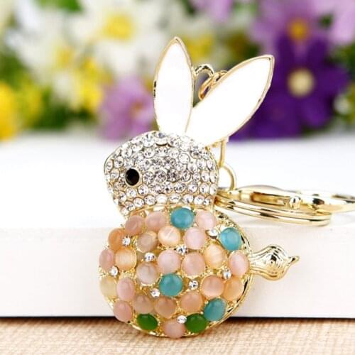 Light Yellow Gold Color Lovely Rabbit Shape Cat Eye Stone Key Chain for Women with Rhinestone Jewelry