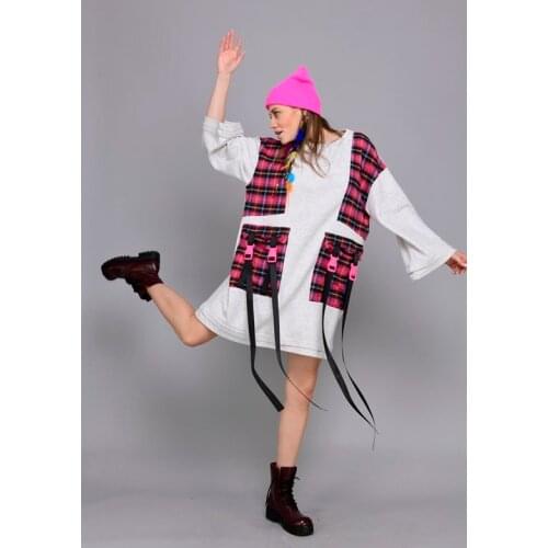Sweat Dress For Women With Plaid Pattern Cotton Fabric Pocket Detail 5 Different Color Options 2021 New Fashion Clothing