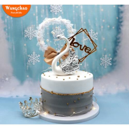 Ornate Golden Silver Crown Swan Happy Birthday Cake Topper Romantic Wedding & Engagement Dessert Decoration Lovely Party Gifts