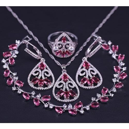 Rose Red Leaf Square Rose Red Stone Silver Color Costumer Jewelry Set Earrings Ring Necklace Bracelet Set In Store