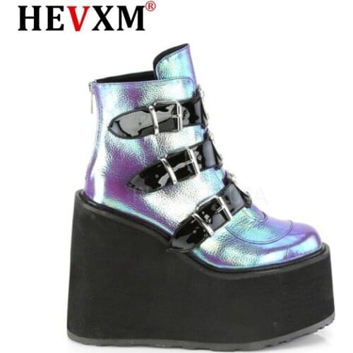 2020 Metal Buckle Ankel Boots for Women Black White Punk Female Platform Boots Wedges High Heels Botas Boots