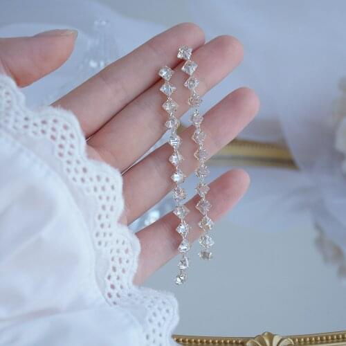 Shiny Side New Accessories Crystal Square Stud Earrings for Women Fashion Jewelry Elegant Zirconia Long Earrings