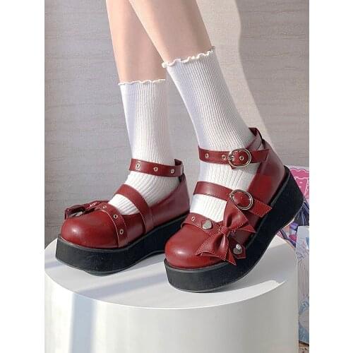 Goth Japanese Lolita Shoes Girl Cute Round Head Thick Soled Platform Student Hot Girl Shoe For Women Fashion Gothic Punk Bow Jk