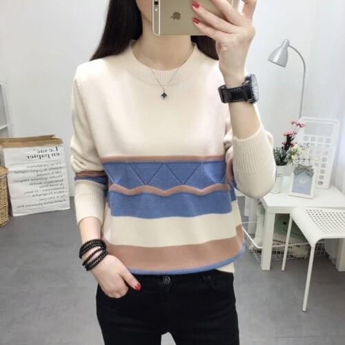 Edition striped sweater sets loose long-sleeved round collar web celebrity sweater female render unlined upper garment