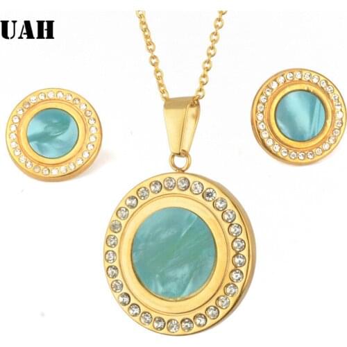 UAH Top Quality Elegant luxury new fashion Gold plated Austrian crystal Necklace Earrings Stainless Steel jewelry sets women