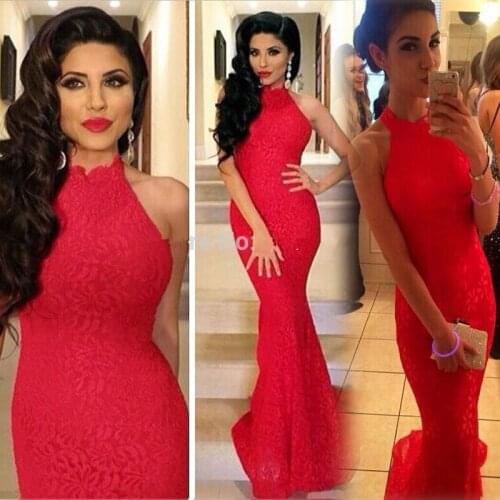 Backless Red Mermaid Lace long Prom 2018 Halter long party gown robe de soiree vestido de formatura sereia bridesmaid dresses